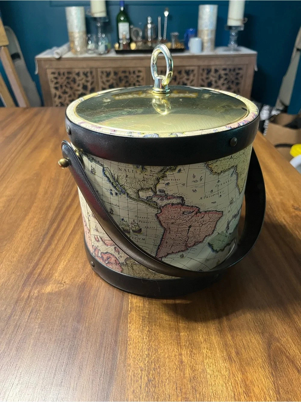 Decorative Brass-Lid Map Print Accent Ice  Bucket Cream and Gold